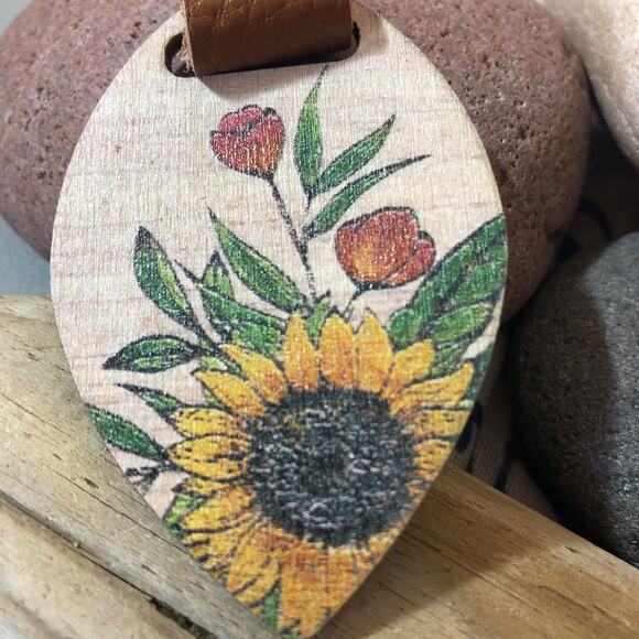 Rustic Wood & Leather Earrings – Sunflower Statement Drop Earrings - Picture 5 of 5